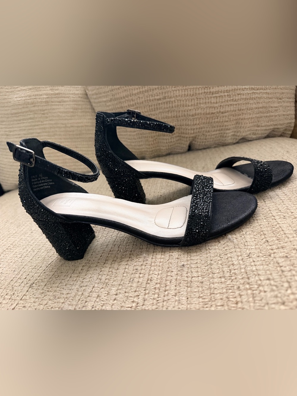 Black Crystal Ankle-Strap Block Heel Sandals